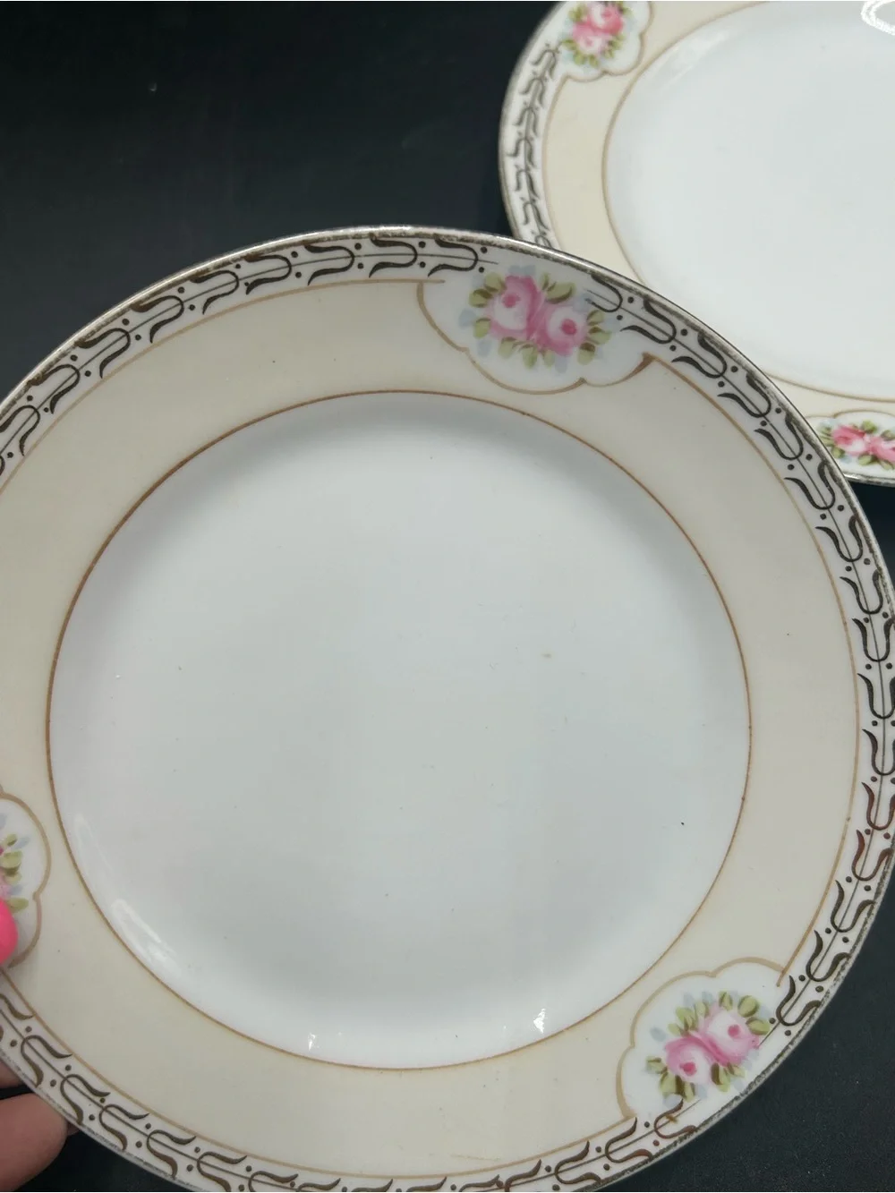 Nippon hand painted Cream and Pink Floral Rim Porcelain Plates - Set of 3